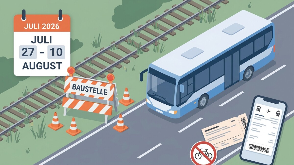 Baustelle auf Bahnstrecke im Juli/August 2026 mit Bus und Fahrkarten-App