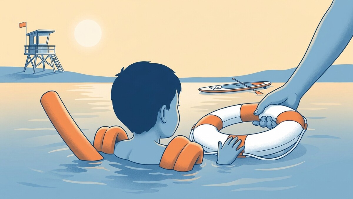 Kind mit Schwimmflügeln im Wasser erhält Rettungsring von unbekannter Hand
