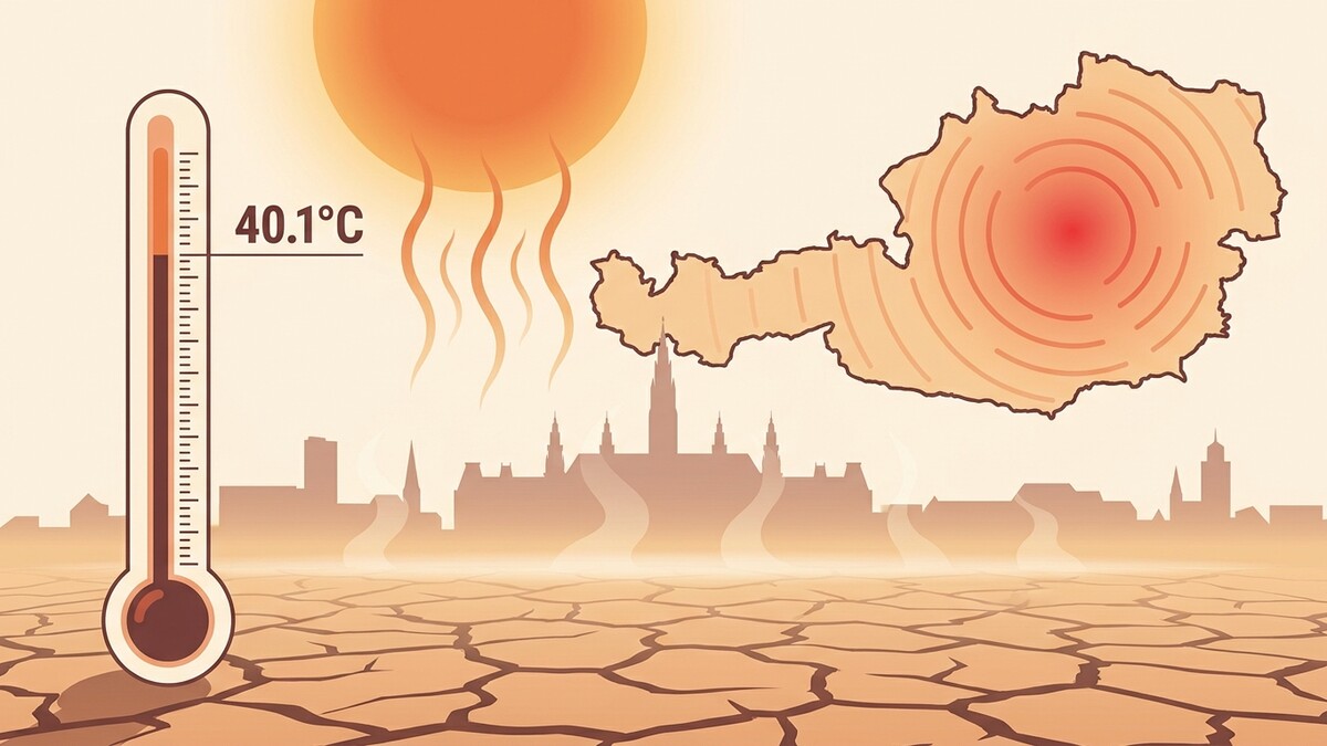 Hitzewelle in Österreich: Thermometer zeigt 40,1°C, ausgedörrte Erde, Silhouette einer Stadt