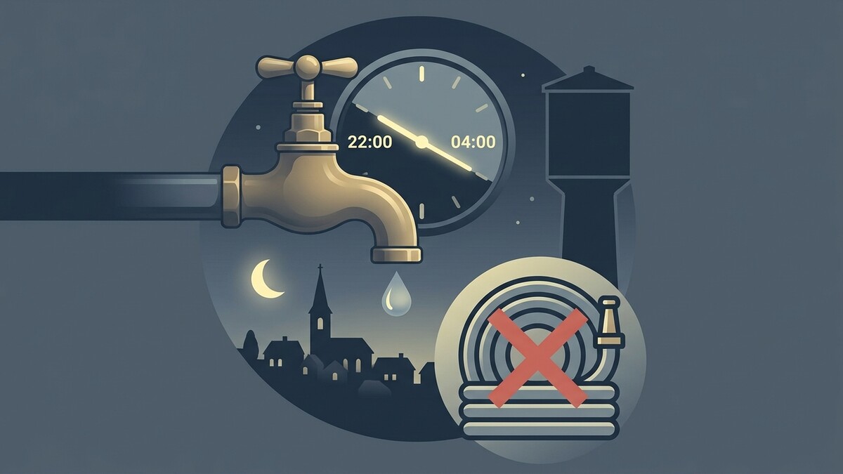 Wasserhahn mit Tropfen, Uhr, Kirchturm und Gartenschlauch mit rotem Kreuz