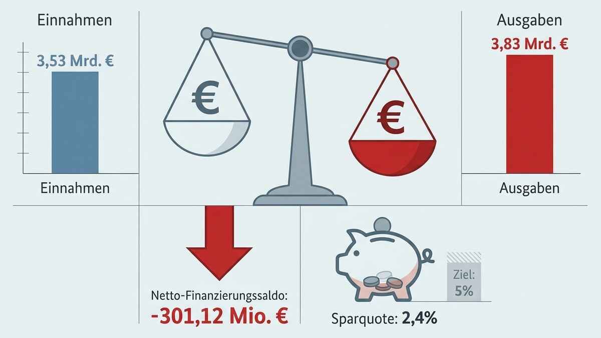 Finanzsaldo: Balkendiagramm zeigt Einnahmen 3,53 Mrd. € und Ausgaben 3,83 Mrd. €, Waage, Sparschwein