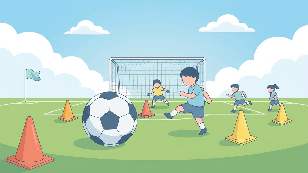 Fußballtraining mit Kindern auf einem grünen Feld mit Toren und Hütchen