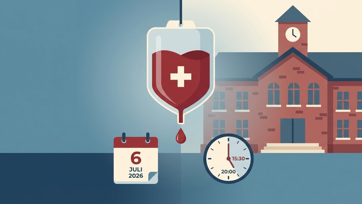 Blutspendeaktion: Blutbeutel mit Kreuz, Kalender 6. Juli 2026, Uhr mit Zeiten 15:30-20:00 vor einem Schulgebäude.