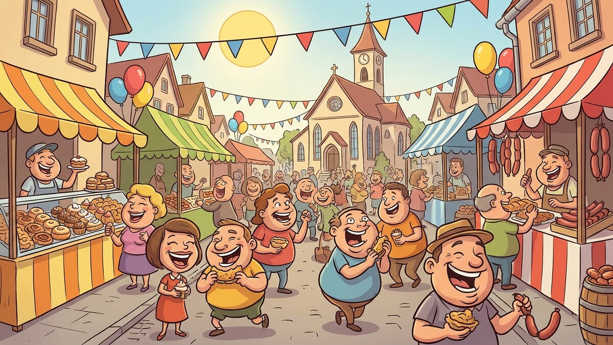 Volksfest in einem Dorf mit vielen lachenden Menschen, die Essen kaufen und genießen.