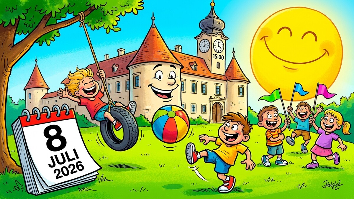 Kinder spielen am 8. Juli 2026 vor einem Schloss mit einem lächelnden Sonnensymbol