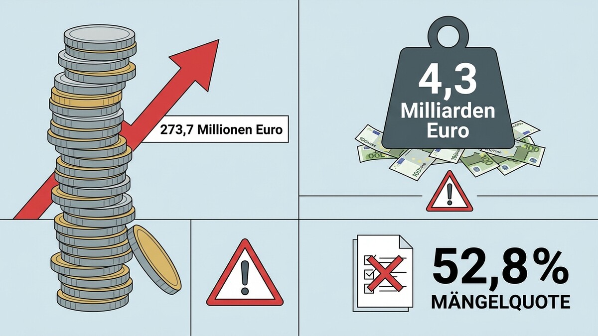 Münzstapel mit Pfeil und Text „273,7 Millionen Euro“, Gewichte mit Geldscheinen und Warnsymbol, Mängelquote 52,8 %.