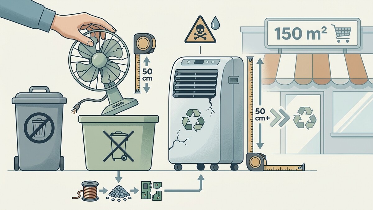 Elektrogeräteentsorgung: Ventilator, Klimagerät, Recycling-Symbol, Maßband, Geschäft