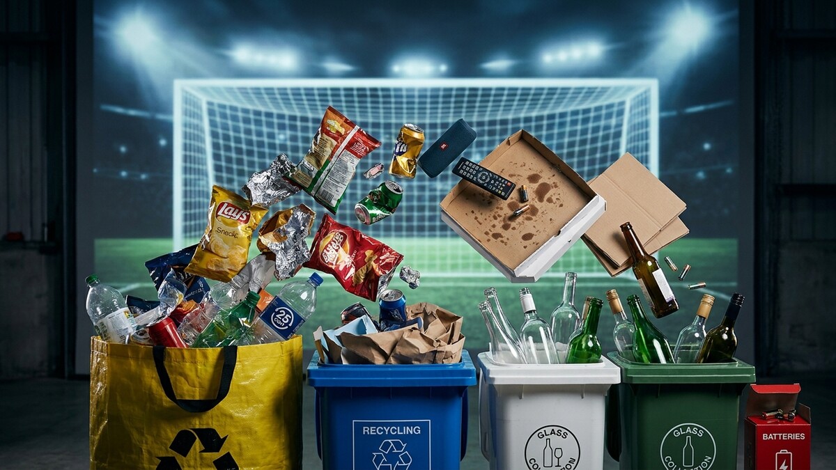 Mülltrennung vor Fußballtor: Verpackungen, Flaschen, Batterien und Pizzakarton fliegen.