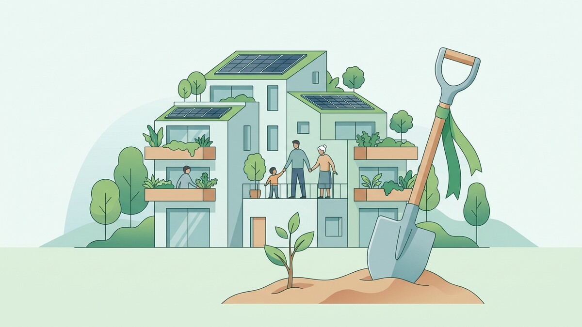 Familie pflanzt Baum vor modernem Wohnhaus mit Solaranlagen und Dachbegrünung