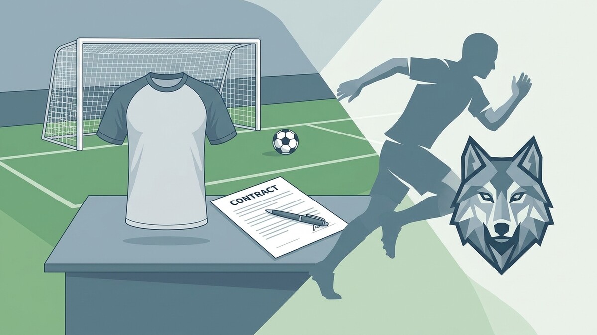 Fußball-Trikot, Ball und Vertrag auf Tisch vor Tor, Läufer und Wolfskopf