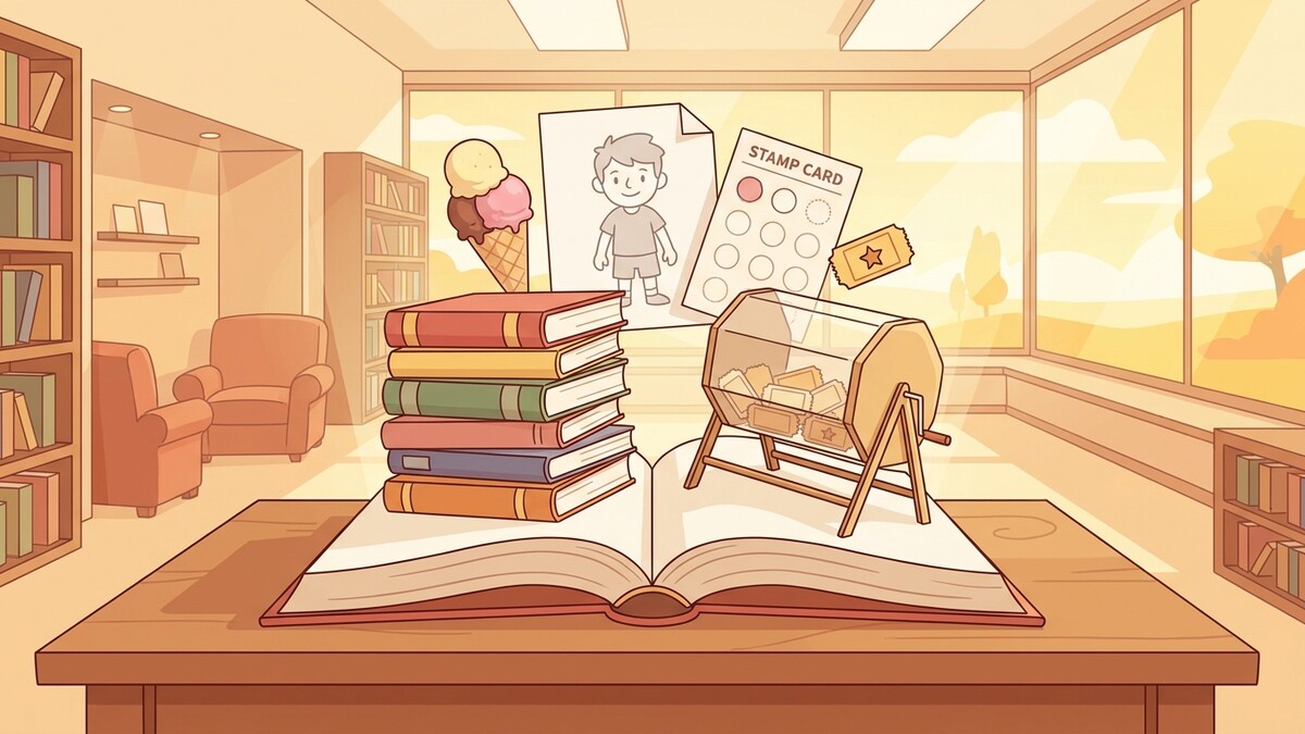 Bücherstapel, Eis, Gewinnspiel und ein Kind im Freien auf einem Tisch vor einem großen Fenster