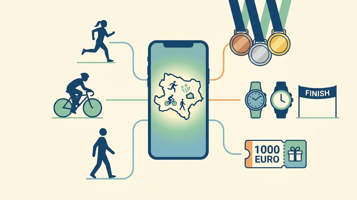 Sport-App mit Lauf-, Rad- und Wandersymbolen, Medaillen, Uhren, Gutschein und Ziellinie