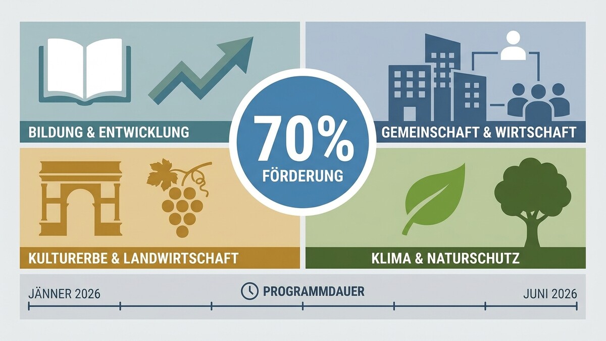 Fördermittel von 70% für Bildung, Gemeinschaft, Kultur und Klima mit Zeitstrahl