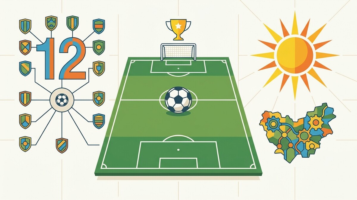 Fußball: Spielfeld mit Ball, Pokal, Sonne und Karte von Österreich mit Zahnrädern