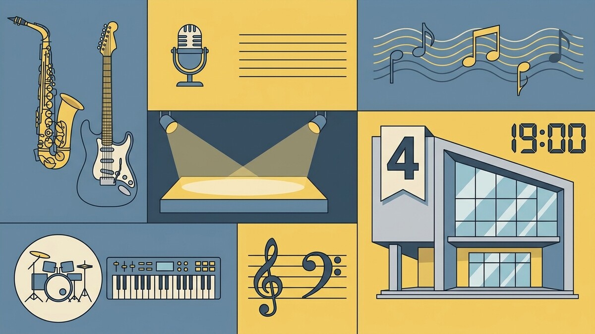 Musik-Collage mit Saxophon, Gitarre, Schlagzeug, Keyboard, Mikrofon, Bühne, Noten und Gebäude.