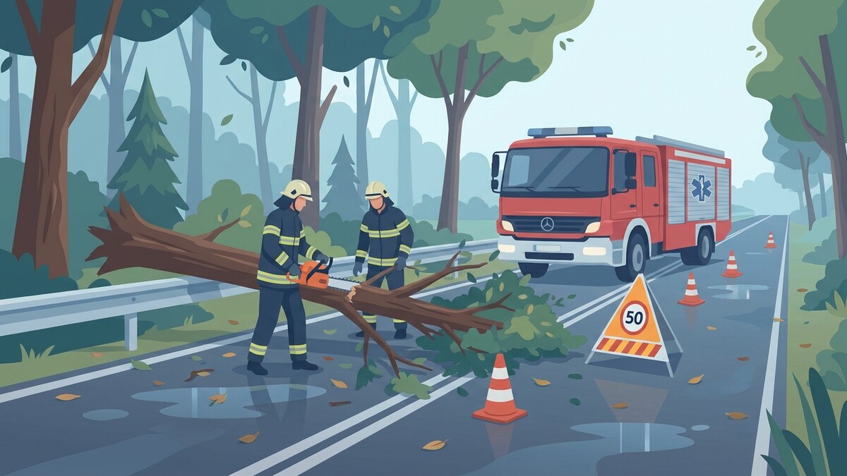 Feuerwehrleute mit Kettensäge beseitigen umgestürzten Baum auf Straße, Löschfahrzeug im Hintergrund.
