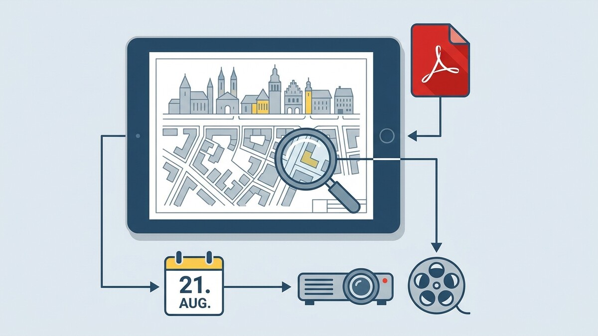 Tablet mit Stadtplan, Lupe, PDF-Dokument, Kalender, Projektor und Filmrolle