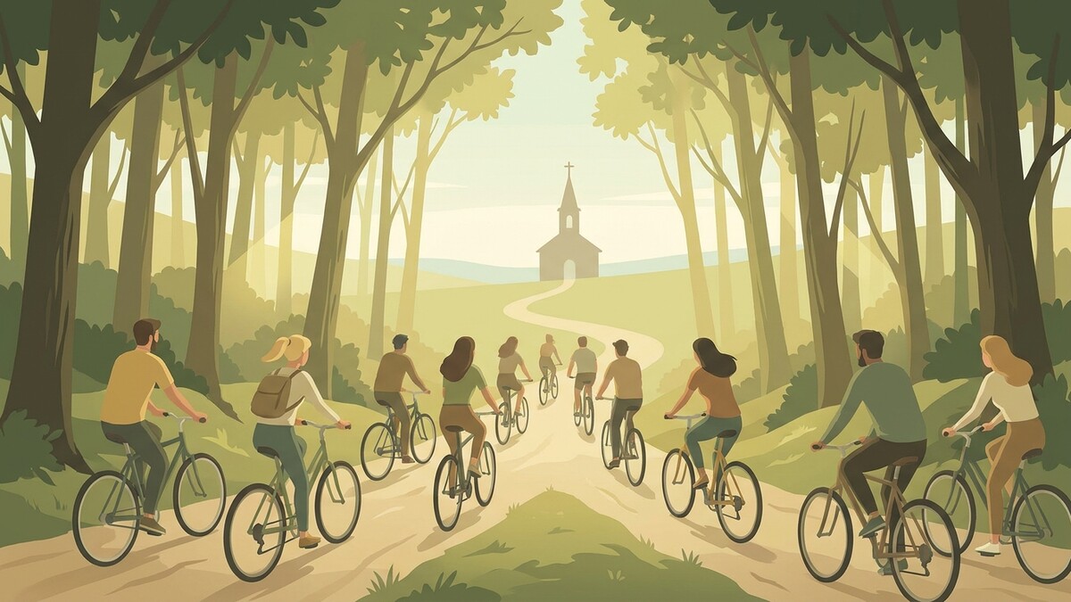 Radfahrer fahren auf einem Waldweg zu einer Kirche im Hintergrund