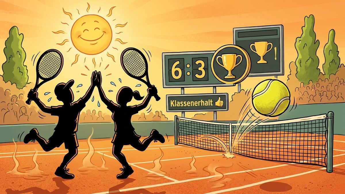 Tennisspieler feiern Klassenerhalt nach Match bei Sonnenschein mit Anzeigetafel 6:3.