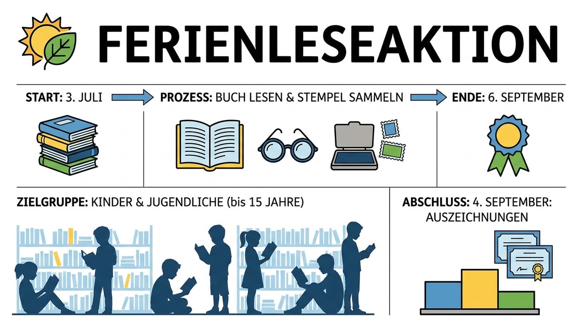 Ferienleseaktion: Start 3. Juli, Prozess Buch lesen & Stempel sammeln, Ende 6. September. Zielgruppe Kinder & Jugendliche bis 15 Jahre.