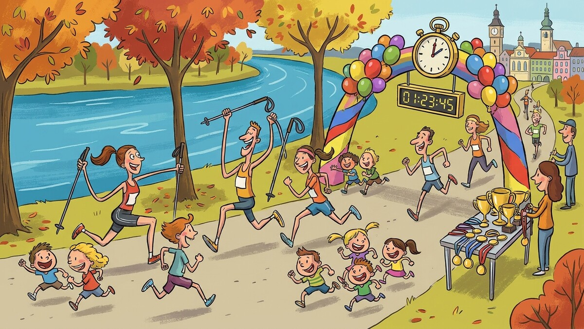 Herbstlauf mit Zielbogen, Zeitmessung und Siegerehrung in einer Stadt