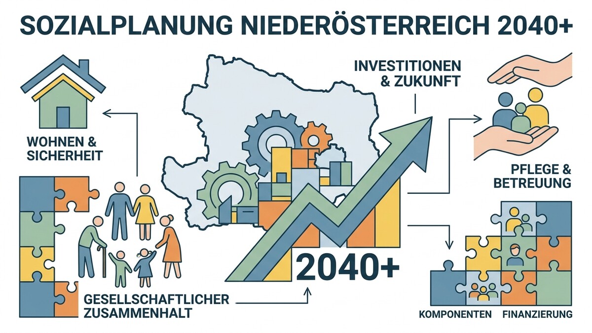Sozialplanung Niederösterreich 2040+ mit Symbolen für Wohnen, Pflege, Zusammenhalt und Finanzierung.
