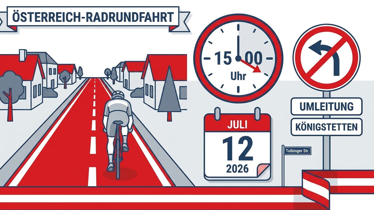 Österreich-Rundfahrt am 12. Juli 2026 in Tullnerbach: Radfahrer auf roter Fahrbahn, Umleitungsschild, Uhrzeit 15:00