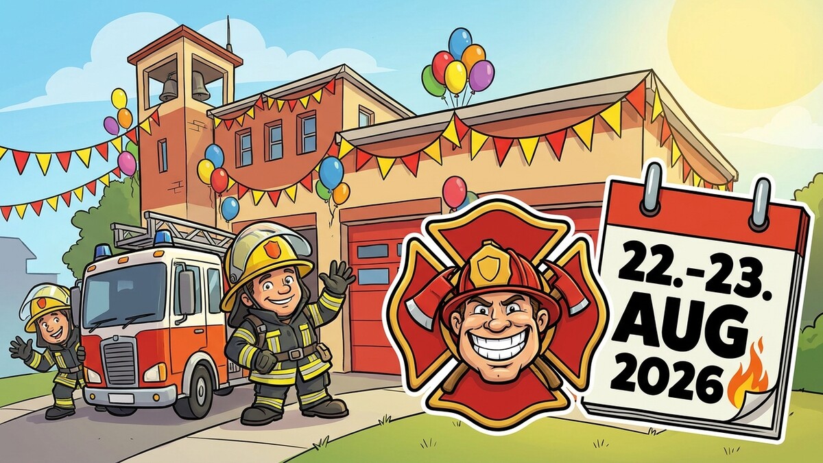 Feuerwehrfest 22.-23. August 2026 mit Feuerwehrmann, Feuerwehrauto und Kalender