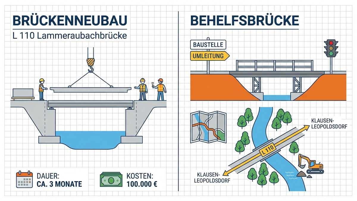 Brückenbau L 110 Lammeraubachbrücke und Behelfsbrücke mit Umleitung und Bauarbeiten.