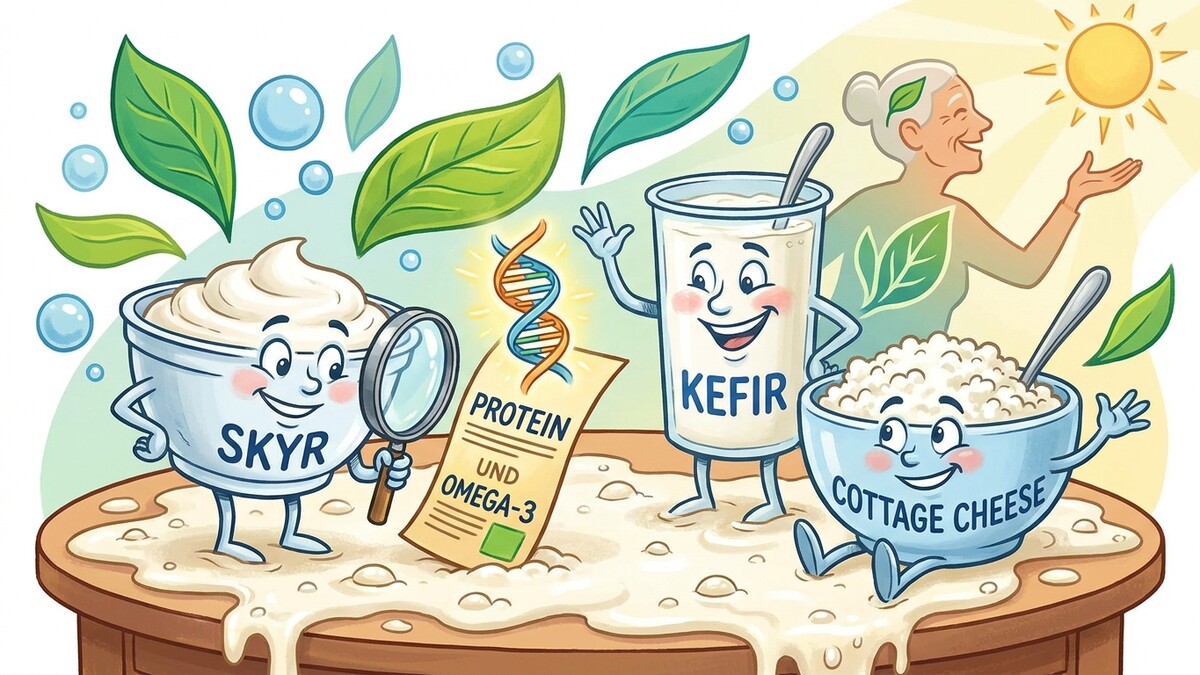 Protein und Omega-3: Skýr, Kefir und Cottage Cheese mit DNA-Strang und lächelnder Seniorin im Sonnenlicht.