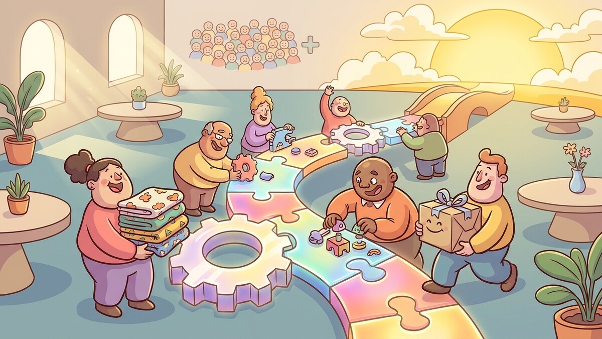 Menschen bauen mit Puzzleteilen und Zahnrädern eine bunte Brücke, ein Mann trägt Geschenk.