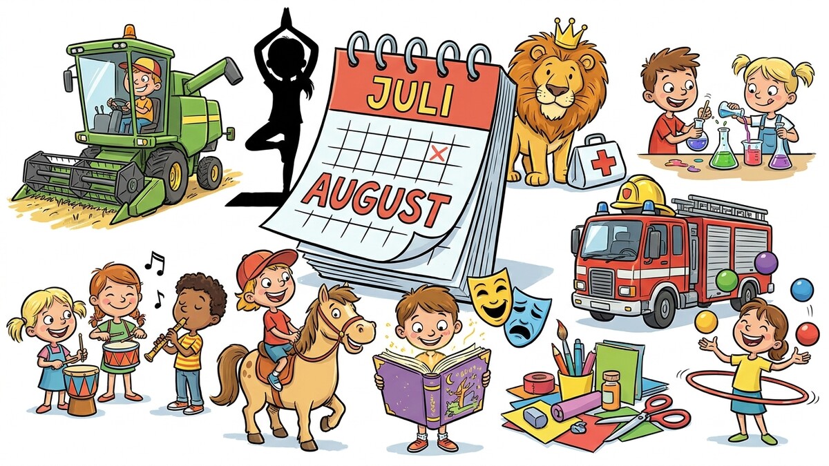 Kinder mit Mähdrescher, Kalender, Löwe, Feuerwehrauto, Malutensilien und Musikinstrumenten