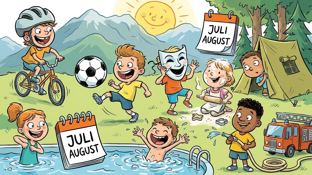 Kinder spielen im Sommer Fahrrad, Fußball und im Pool, backen und zelten.