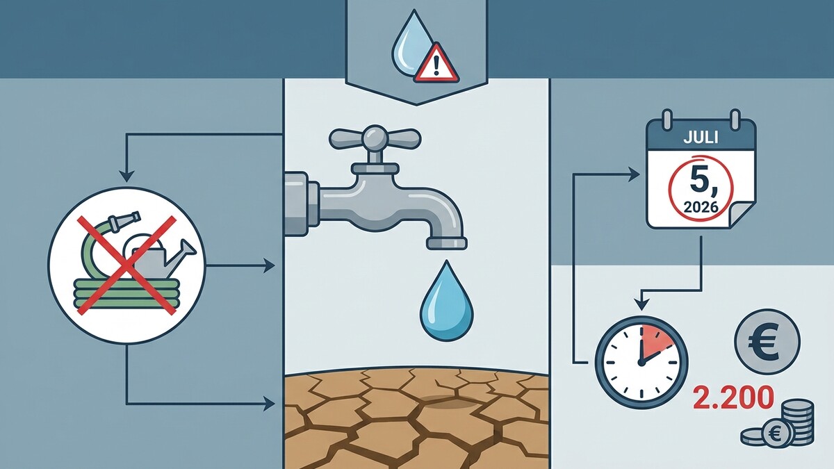 Wasserknappheit: Verbot von Gartenschläuchen, tropfender Hahn, ausgetrocknete Erde, Kalender, Uhr, Euro-Symbol.