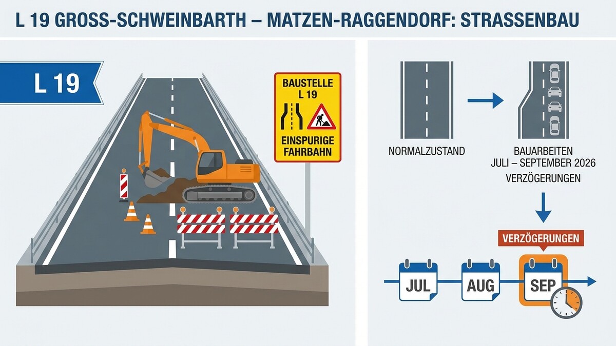L 19 Groß-Schweinbarth: Baustelle mit Bagger und Einspurung durch Straßenbauarbeiten