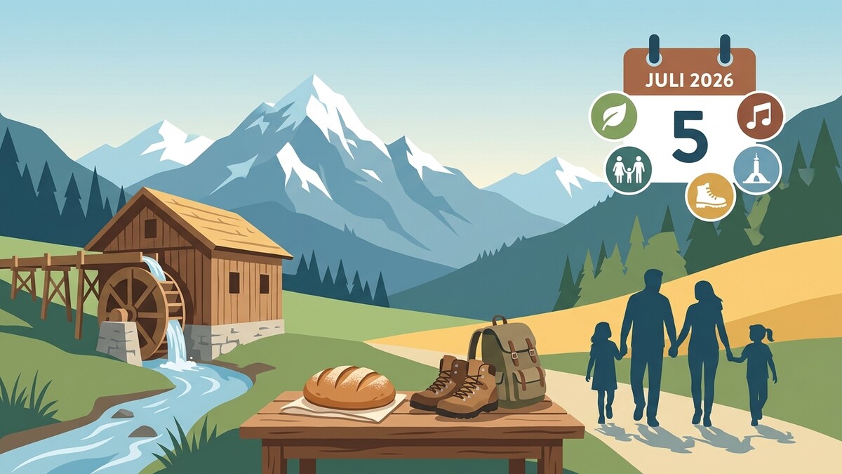 Bergpanorama mit Familie, Bergsee, Wanderschuhen und Kalenderblatt Juli 2026