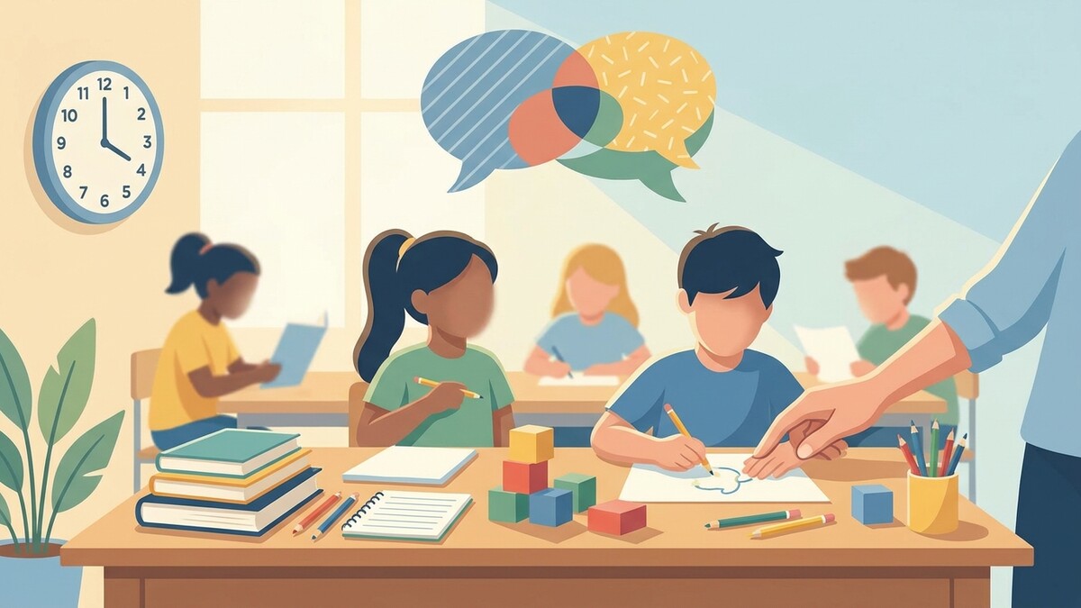 Schüler im Unterricht mit Sprechblasen über ihren Köpfen.