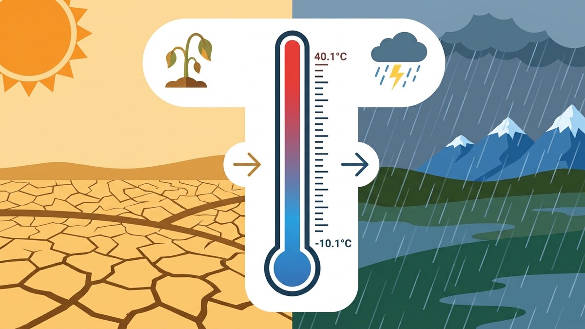 Thermometer zeigt extreme Temperaturen: Dürre mit verdorrter Pflanze und Sonne links, Regen mit Gewitter und Bergen rechts.