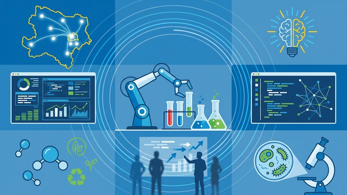 Forschung und Entwicklung: Roboterarm mit Reagenzgläsern, Mikroskop mit Bakterien und Datenanalyse-Grafiken.