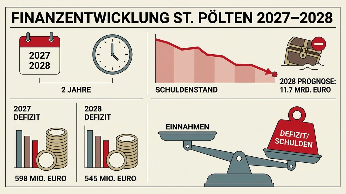 Finanzentwicklung St. Pölten 2027–2028: Schuldenstand, Defizite und Einnahmen im Vergleich.
