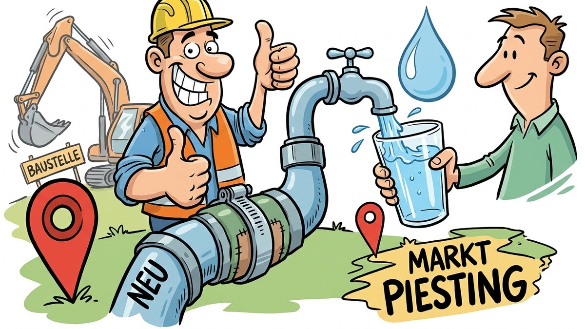 Bauarbeiter mit Daumen hoch neben neuem Wasserrohr, Mann hält Glas mit Wasser, Baustelle, Markt Piesting