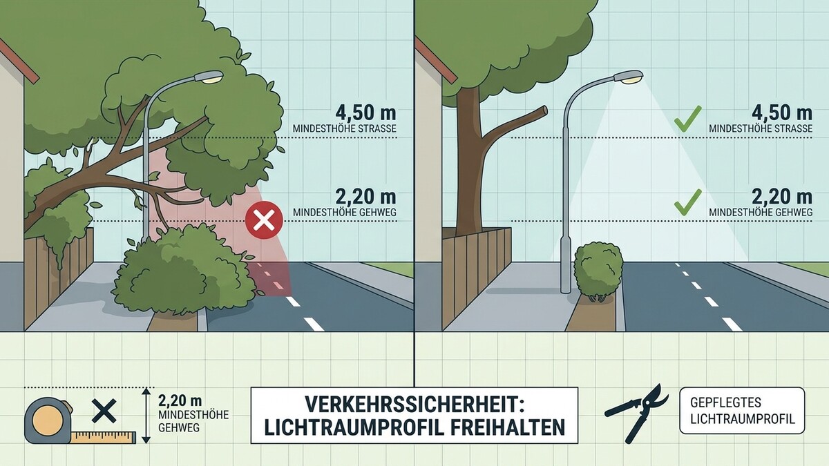 Verkehrssicherheit: Lichtraumprofil freihalten, Mindesthöhe Straße 4,50 m, Gehweg 2,20 m