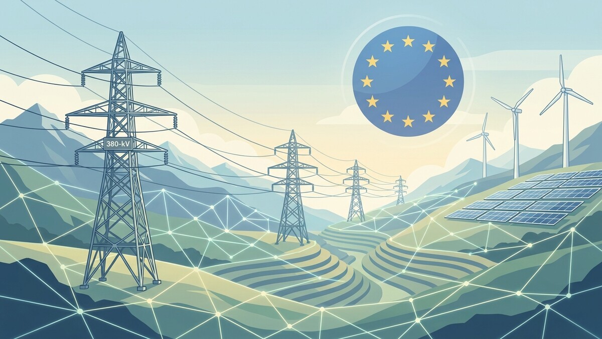 Energieversorgung: Strommasten, Windräder, Solaranlagen und EU-Flagge