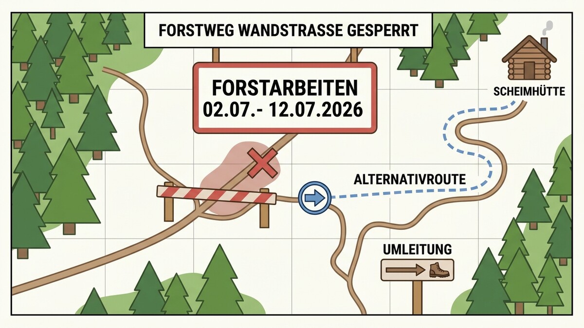Forstarbeiten: Forstweg Wandstrasse gesperrt, Umleitung zur Scheimhütte.