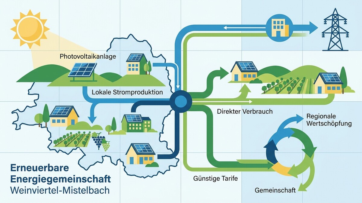 Erneuerbare Energiegemeinschaft Weinviertel-Mistelbach: Photovoltaikanlagen, lokale Stromproduktion und direkter Verbrauch.