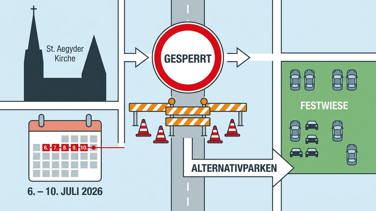 Straßensperre bei St. Aegyd-Kirche, Festwiese und Alternativparken vom 6. bis 10. Juli 2026
