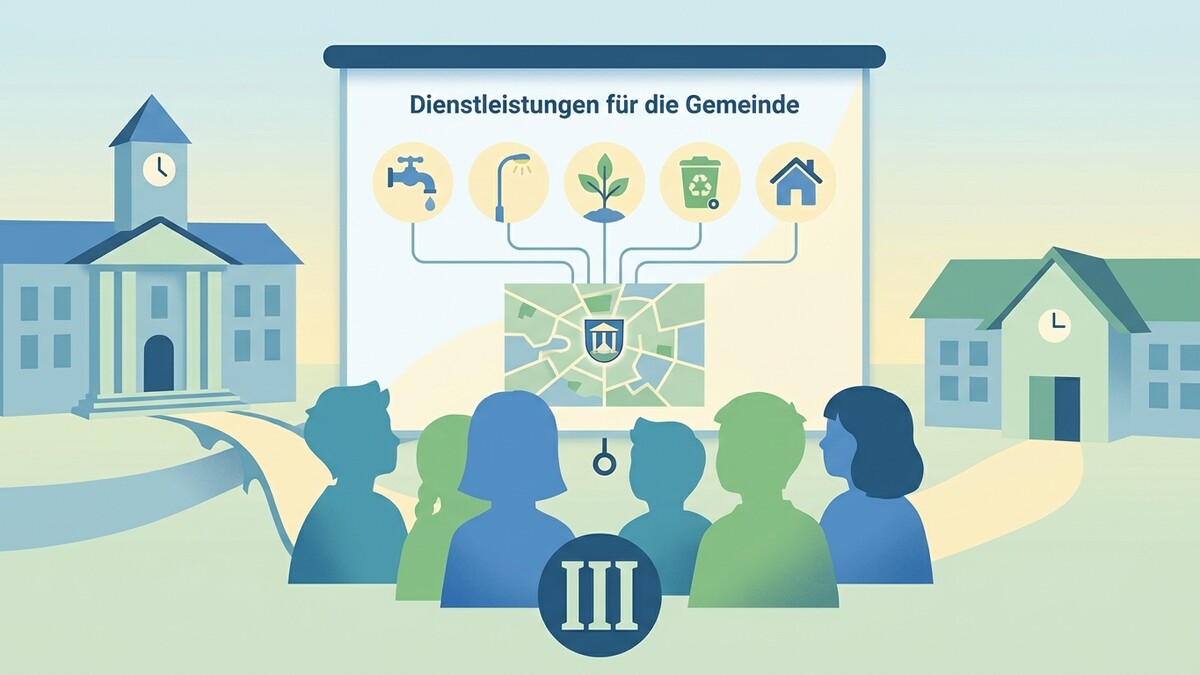 Gemeindedienstleistungen: Wasser, Licht, Pflanzen, Müll, Haus. Menschen vor Gebäuden.