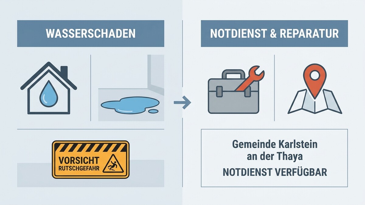Wasserschaden-Hinweis mit Werkzeugkasten und Karte für Notdienst in Karlstein an der Thaya