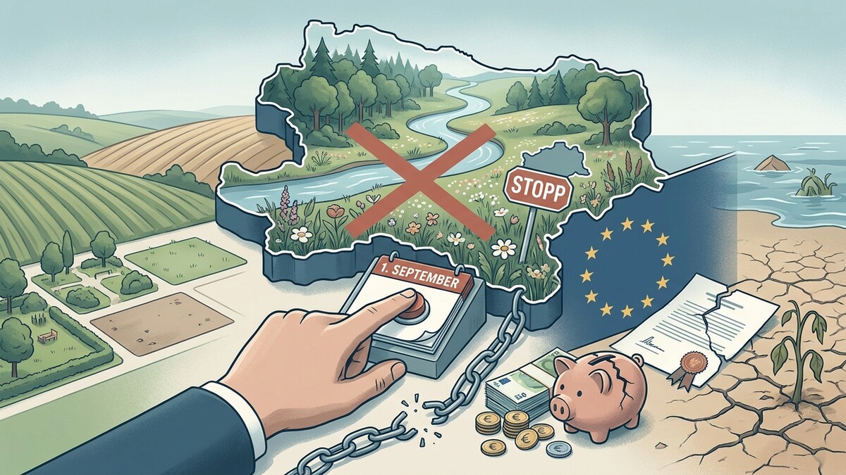 Umweltkollaps: Österreichumriss mit Natur, EU-Sternen, zerbrochenem Vertrag und ausgetrocknetem Boden