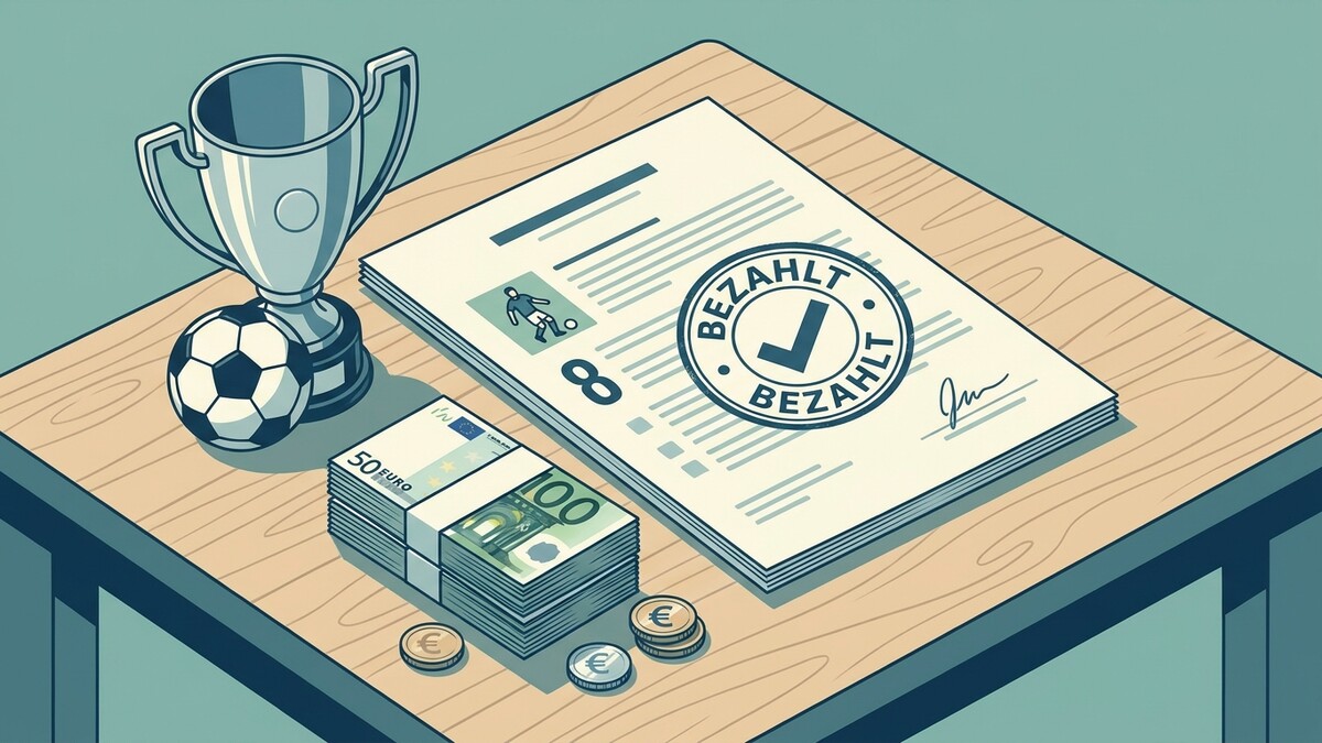 Fußball-Pokal, Ball und Geld mit Bezahl-Stempel auf Holztisch